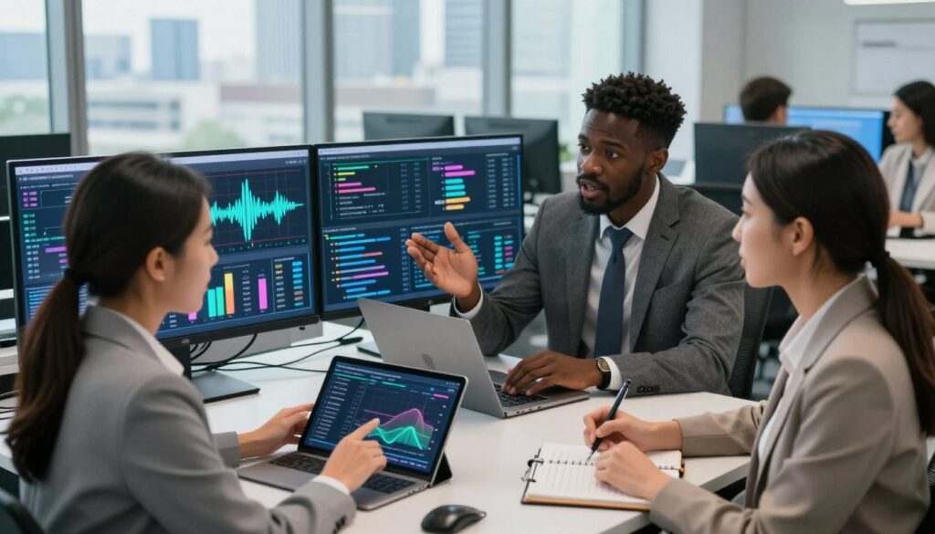 A modern call center office scene featuring a diverse group of three professionals in smart business attire, actively engaged in a discussion around advanced analytics displayed on digital screens. In the foreground, a woman of Asian descent analyzes real-time data graphs on a sleek tablet, while a Black man gestures animatedly, explaining insights. A white woman takes notes, using voice-to-text technology. The middle ground includes various high-tech screens projecting colorful, interactive graphs, voice waveforms, and AI chat summaries, reflecting the theme of conversational intelligence. In the background, large windows showcase a city skyline, adding depth. Soft, bright lighting emphasizes a forward-thinking atmosphere, conveying innovation and collaboration, captured from a slightly elevated angle for a dynamic perspective.