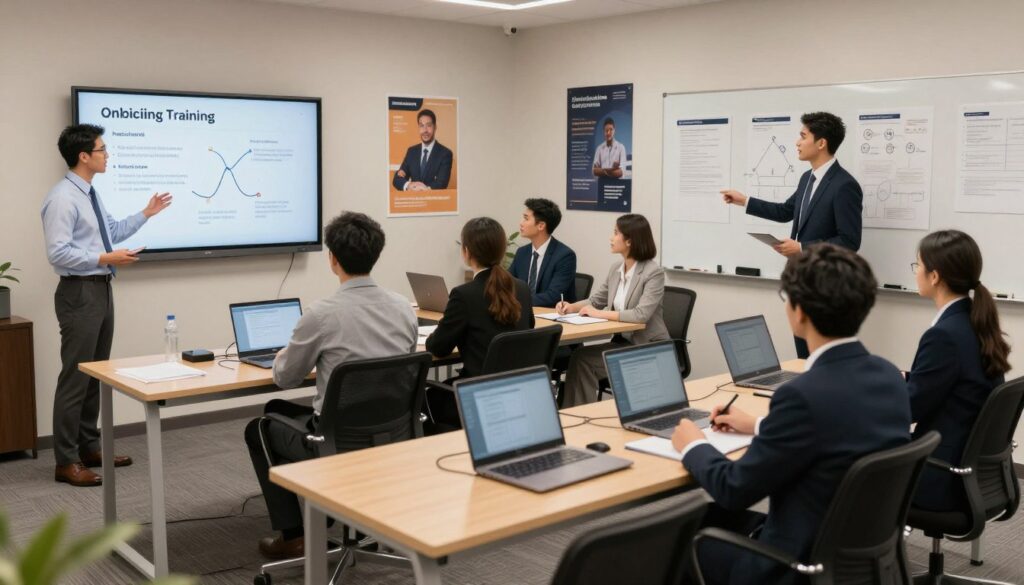 A modern call center training room, showcasing a diverse group of new agents in professional business attire engaged in a strategic onboarding session. In the foreground, a confident trainer gestures towards a large screen displaying key onboarding strategies. The middle ground features attentive agents seated at ergonomic desks with laptops open, taking notes and collaborating in pairs. Soft, natural lighting illuminates the space, creating a warm and inviting atmosphere. The background includes motivational posters on the walls and a whiteboard filled with training materials, enhancing the focus on development. Capture the scene from an eye-level angle to convey a sense of engagement and teamwork, reflecting the importance of laying a strong foundation for effective training.