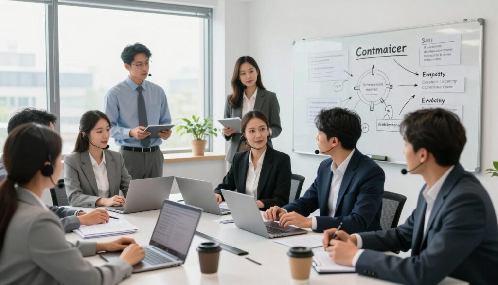 A modern call center training room with engaged trainers and new agents participating in a hands-on session focused on core competencies. In the foreground, a diverse group of professional individuals, dressed in smart business attire, are actively discussing and practicing customer service skills around a table filled with laptops, training manuals, and coffee mugs. The middle ground features a large whiteboard filled with diagrams and key concepts about effective communication, problem-solving, and empathy. In the background, a bright and open space with large windows allowing natural light to flood the room, creating an inviting and motivational atmosphere. Soft lighting enhances the collaborative mood, while the overall angle captures the dynamic interaction among the participants, emphasizing growth and teamwork in learning essential skills.