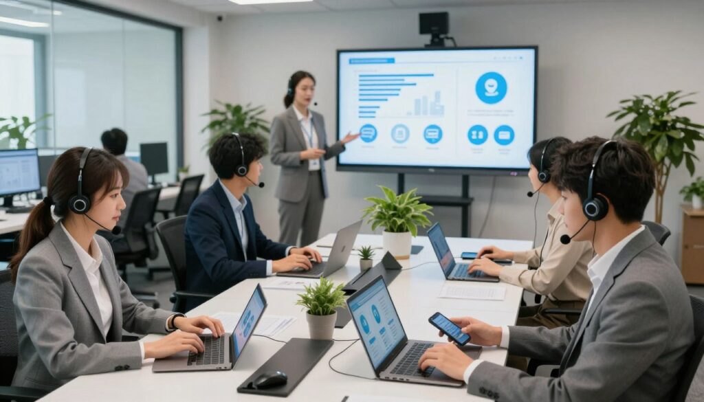A modern call center training session in a bright, high-tech room. In the foreground, diverse call center agents in professional business attire actively engage with digital devices—tablets, laptops, and smartphones—showcasing multi-channel customer interaction. In the middle, a trainer stands in front of a large screen displaying graphs, charts, and icons representing various communication channels like phone, chat, and social media. The background features a well-lit, open workspace with sophisticated technology, plants for a refreshing atmosphere, and glass partitions, creating a collaborative space. The mood is energetic and focused, reflecting teamwork and innovation. Soft, natural lighting enhances the professionalism of the environment.