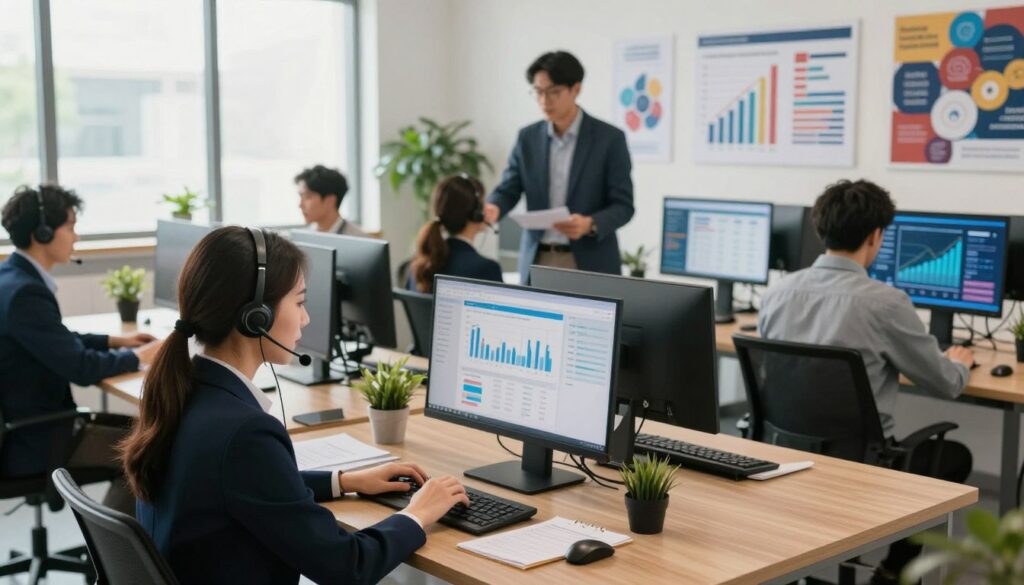 A modern call center workspace, bustling with activity, showcasing diverse professionals in business attire engaged in phone conversations and looking at computer screens. In the foreground, a focused female agent is speaking into a headset while typing notes on a sleek laptop, her environment is well-lit with natural light filtering through large windows. In the middle ground, a male agent is actively engaging with a client, surrounded by vibrant charts and data visualizations on walls, illustrating leads and sales growth. The background features modern décor, including plants and motivational posters related to success and teamwork. The overall mood is dynamic and productive, emphasizing a collaborative atmosphere ripe for generating quality leads. Use soft lighting and a wide-angle lens to create an inviting and professional feel.