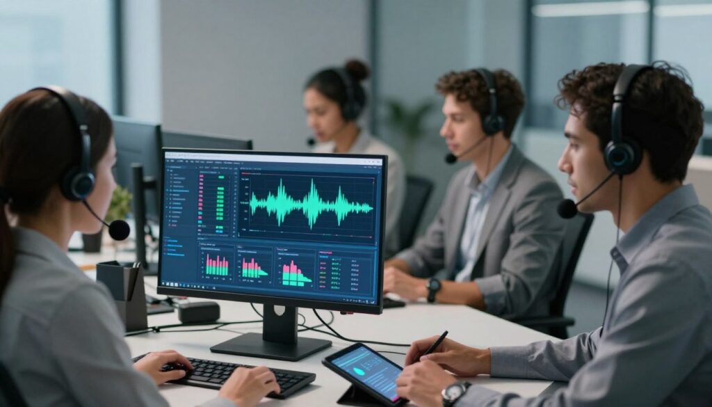 A modern call center workspace, featuring a diverse group of three professionals, one woman and two men, engaged in real-time speech analytics. The foreground shows a sleek, high-tech computer monitor displaying colorful visualizations of speech data, such as waveforms and sentiment analysis charts. The middle ground includes a contemporary desk with microphones, headsets, and a digital tablet. In the background, blurred images of other team members collaborating, with soft office lighting creating a productive and focused atmosphere. Use a shallow depth of field to emphasize the analytics display. The color palette should be cool and professional, with hints of blue and green to evoke technological advancement, conveying an innovative and efficient mood in the scene. A modern call center workspace, featuring a diverse group of three professionals, one woman and two men, engaged in real-time speech analytics. The foreground shows a sleek, high-tech computer monitor displaying colorful visualizations of speech data, such as waveforms and sentiment analysis charts. The middle ground includes a contemporary desk with microphones, headsets, and a digital tablet. In the background, blurred images of other team members collaborating, with soft office lighting creating a productive and focused atmosphere. Use a shallow depth of field to emphasize the analytics display. The color palette should be cool and professional, with hints of blue and green to evoke technological advancement, conveying an innovative and efficient mood in the scene.