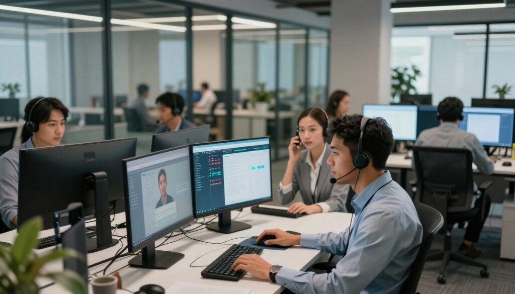 A modern contact center environment showcasing agents at work in a sleek, tech-savvy office. In the foreground, two diverse agents in professional attire are engaged in conversation using headsets, looking attentive and focused. The middle layer features high-tech workstations with multiple screens displaying call metrics and omnichannel communications, blending voice and digital interactions. In the background, a large glass wall reveals a bustling team collaboration space, illuminated by soft, natural light filtering in. The mood should be dynamic and professional, with a hint of modern innovation. Use a wide-angle lens perspective to capture the open office layout, emphasizing an atmosphere of teamwork and cutting-edge technology.