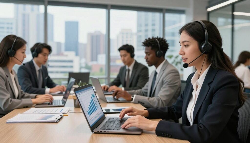 A modern corporate office environment featuring a diverse team of professionals engaged in a video conference call. In the foreground, a confident woman in business attire is speaking into her headset, with a laptop open in front of her displaying graphs and statistics indicating efficiency and cost-effectiveness. In the middle, colleagues of various ethnic backgrounds collaborate around a large table with documents and digital devices, showcasing a vibrant teamwork atmosphere. The background shows large windows with a city skyline, symbolizing global outreach. Soft, natural lighting filters in, creating a warm and motivating ambiance. The overall mood conveys professionalism, collaboration, and the benefits of outsourcing call center operations.