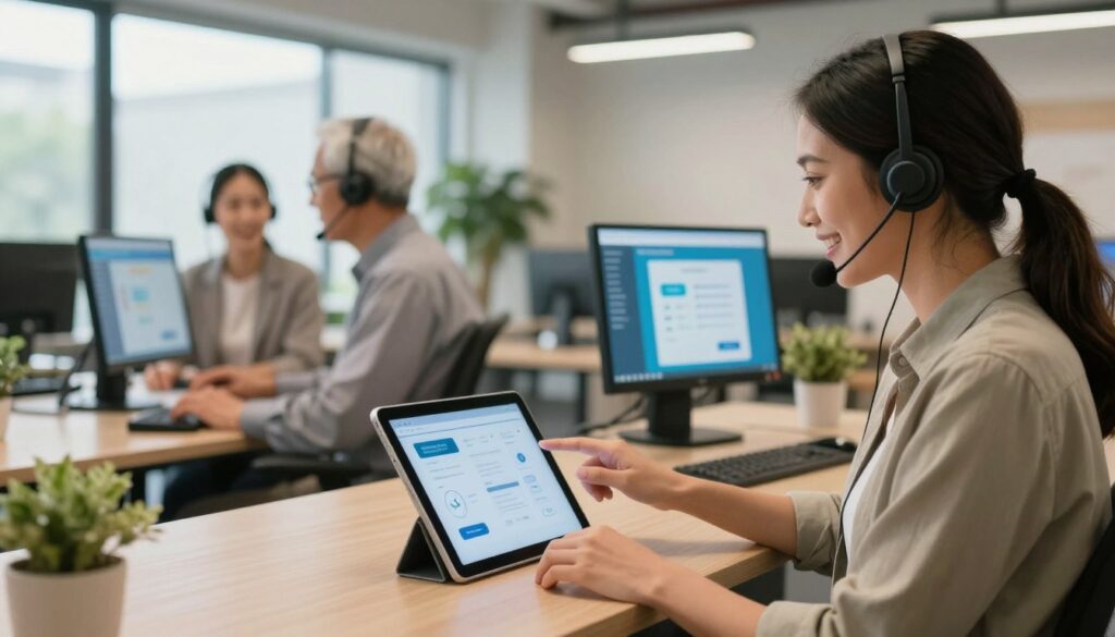 A modern customer service center featuring a diverse group of professionals engaged in various self-service digital tools and virtual interfaces. In the foreground, a friendly customer service representative in smart casual attire assists a client via a sleek tablet, showcasing a human touch amid advanced technology. In the middle ground, two individuals, one elderly and one young professional, utilize user-friendly kiosks, illustrating seamless self-service options. The background captures a bright, open office space with contemporary furnishings, large windows letting in natural light, and greenery. The atmosphere feels warm and inviting, highlighting a harmonious blend of technology and human connection, with soft, diffused lighting to enhance a reassuring and futuristic mood.