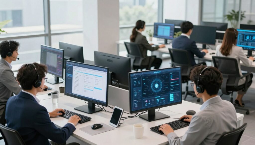 A modern customer service environment showcasing the real-world applications of AI. In the foreground, a diverse team of professionals in business attire is engaging with advanced AI technology, such as interactive chatbots displayed on large screens. In the middle, a sleek, high-tech contact center is visible, where human agents collaborate with AI-driven analytics tools and visual dashboards. The background features a modern office space with large windows allowing natural light to flood the area, creating a bright and inviting atmosphere. Soft shadows enhance the professional yet approachable mood. The angle of the view is slightly elevated, capturing the dynamic interaction between human agents and AI technology, emphasizing teamwork and innovation in customer service. A modern customer service environment showcasing the real-world applications of AI. In the foreground, a diverse team of professionals in business attire is engaging with advanced AI technology, such as interactive chatbots displayed on large screens. In the middle, a sleek, high-tech contact center is visible, where human agents collaborate with AI-driven analytics tools and visual dashboards. The background features a modern office space with large windows allowing natural light to flood the area, creating a bright and inviting atmosphere. Soft shadows enhance the professional yet approachable mood. The angle of the view is slightly elevated, capturing the dynamic interaction between human agents and AI technology, emphasizing teamwork and innovation in customer service.