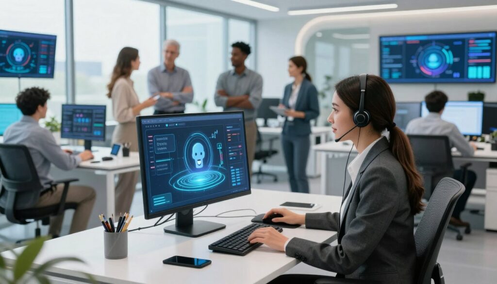 A modern customer service office scene depicting the rise of AI. In the foreground, a professional woman in business attire sits at a sleek desk, interacting with a sophisticated chatbot displayed on her computer screen, showing a friendly interface with visual algorithms represented as glowing lines. In the middle, a diverse group of employees engage in dynamic discussions around a table filled with digital devices. The background showcases a futuristic workplace with large windows, allowing natural light to spill in, illuminating high-tech elements like digital screens displaying AI analytics. The atmosphere is vibrant and innovative, symbolizing collaboration between humans and technology, set in a clean and organized environment. The lighting is bright and inviting, emphasizing the positive impact of AI in customer support. A modern customer service office scene depicting the rise of AI. In the foreground, a professional woman in business attire sits at a sleek desk, interacting with a sophisticated chatbot displayed on her computer screen, showing a friendly interface with visual algorithms represented as glowing lines. In the middle, a diverse group of employees engage in dynamic discussions around a table filled with digital devices. The background showcases a futuristic workplace with large windows, allowing natural light to spill in, illuminating high-tech elements like digital screens displaying AI analytics. The atmosphere is vibrant and innovative, symbolizing collaboration between humans and technology, set in a clean and organized environment. The lighting is bright and inviting, emphasizing the positive impact of AI in customer support.