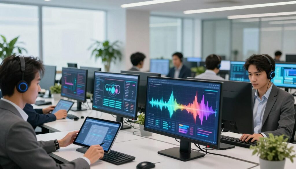 A modern, high-tech contact center featuring several AI voice agents in action. In the foreground, a sleek desktop interface displays vibrant, colorful waveforms representing voice interaction. To the left, a professional, diverse group of employees dressed in business attire collaborates around digital tablets, analyzing data and engaging with AI tools. In the middle ground, transparent screens reveal visualized data processing and automated workflows, demonstrating the efficiency of AI agents. The background showcases a bright, futuristic office space with soft, diffused lighting that highlights the advanced technology and filled with green plants for a touch of nature. The overall atmosphere is dynamic and innovative, capturing the essence of automation and AI's role in transforming customer service.