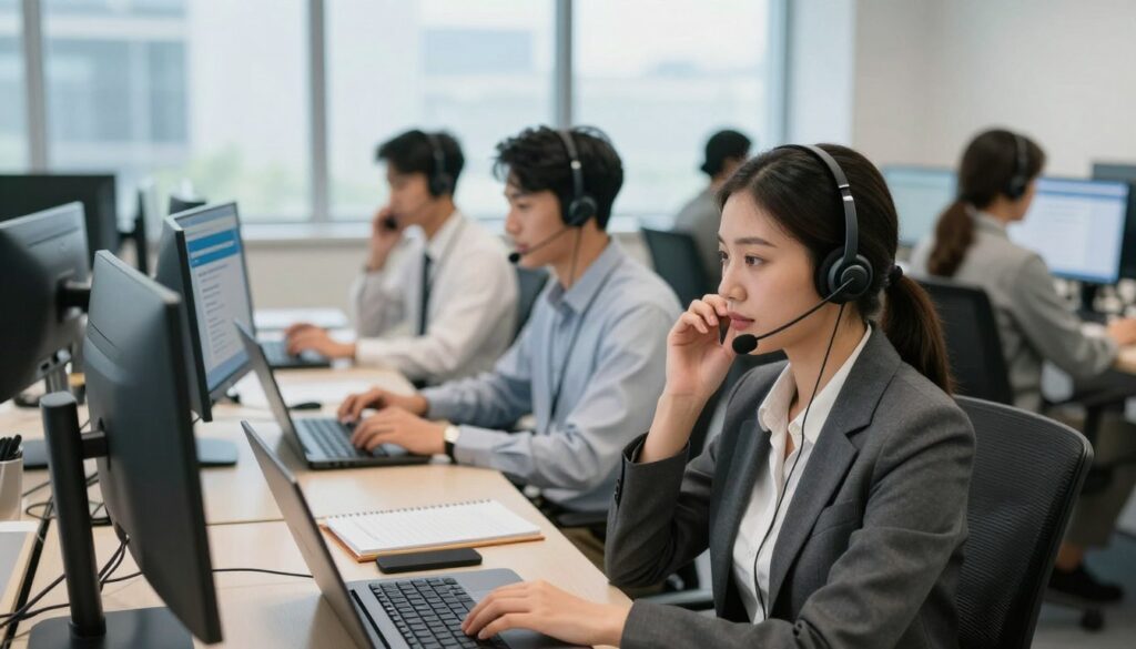 A modern inbound call center environment, featuring a diverse team of 3-5 employees engaged in phone conversations. In the foreground, a woman in professional attire is intently speaking into a headset, with a focused expression. To her left, a man is typing notes on a laptop, also dressed in business attire. The middle ground shows additional team members collaborating, surrounded by modern office equipment, with computers displaying customer information. The background reveals a spacious office filled with sleek, ergonomic furniture and large windows allowing natural light to flood the space. The atmosphere is dynamic yet professional, emphasizing teamwork and communication. The lighting is bright and inviting, creating a positive work environment. The image captures an overall sense of efficiency and professionalism in inbound call center operations.