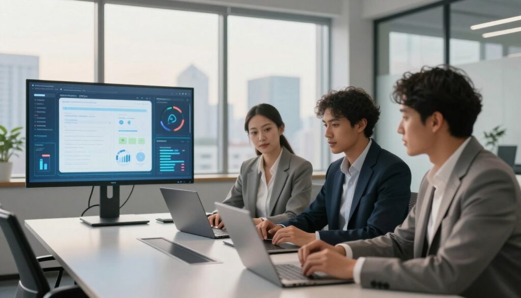 A modern office environment illustrates "agent-assisted automation." In the foreground, a diverse team of three professionals, dressed in smart business attire, collaborates around a sleek conference table, engaging with advanced technology. Their expressions convey focus and teamwork. The middle ground features interactive digital interfaces displaying data analytics, task automation, and AI assistance, subtly highlighting the blend of human effort and technology. In the background, large windows let in soft, natural light, casting a warm ambiance and showcasing a city skyline. The overall mood is one of productivity and innovation, emphasizing harmony between human initiative and automated systems, captured in a slightly elevated angle to provide depth and perspective.
