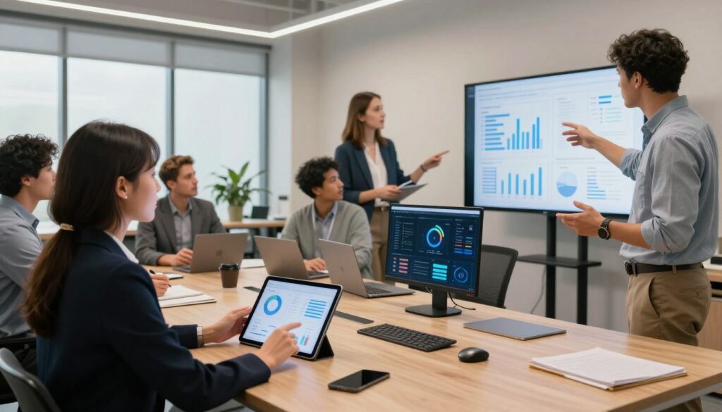 A modern office environment showcasing a diverse group of professionals engaged in a discussion about voice AI technologies. In the foreground, a businesswoman in professional attire closely examines performance metrics on a tablet, while a businessman gestures towards a large screen displaying graphs and analytics. The middle ground features additional colleagues collaborating, with one person taking notes and another analyzing data on a sleek computer setup. The background reveals a contemporary workspace with minimalist decor and soft, natural lighting that creates an inviting atmosphere. The overall mood is focused and innovative, emphasizing a strategic approach to choosing platforms and measuring voice AI performance in marketing automation. The perspective is a wide-angle shot, capturing the dynamism of the meeting while highlighting the tech elements in use. A modern office environment showcasing a diverse group of professionals engaged in a discussion about voice AI technologies. In the foreground, a businesswoman in professional attire closely examines performance metrics on a tablet, while a businessman gestures towards a large screen displaying graphs and analytics. The middle ground features additional colleagues collaborating, with one person taking notes and another analyzing data on a sleek computer setup. The background reveals a contemporary workspace with minimalist decor and soft, natural lighting that creates an inviting atmosphere. The overall mood is focused and innovative, emphasizing a strategic approach to choosing platforms and measuring voice AI performance in marketing automation. The perspective is a wide-angle shot, capturing the dynamism of the meeting while highlighting the tech elements in use.