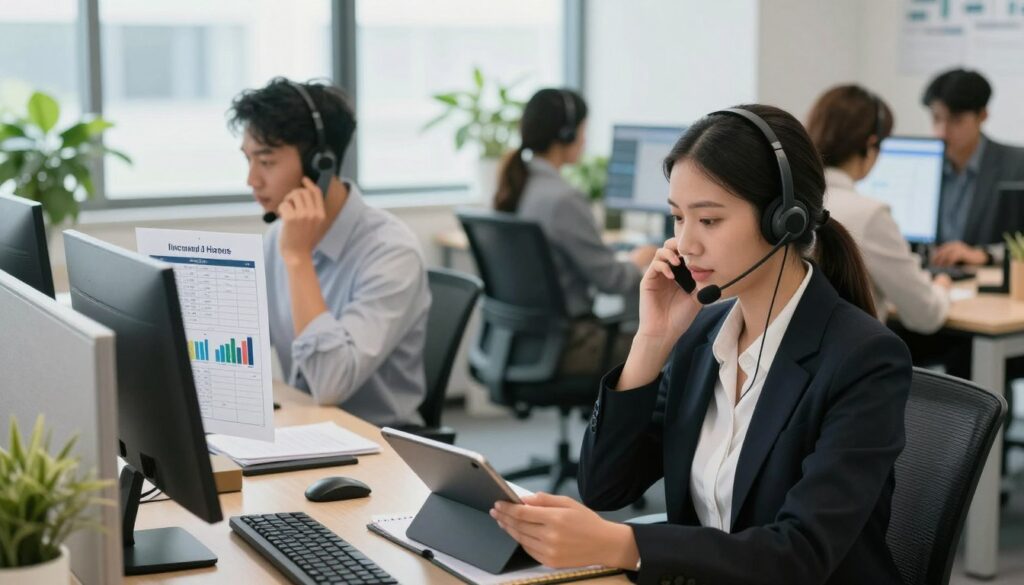 A modern office environment showcasing a diverse group of professionals engaged in different types of inbound and outbound calls. In the foreground, a focused customer service representative in business attire is attentively speaking on the phone, with a headset on, taking notes on a digital tablet. To the left, another employee is making an outbound call, surrounded by charts and call lists, conveying a sense of urgency and productivity. The background features a bright, open workspace filled with partitions, computer monitors displaying data analytics, and a plant for a touch of liveliness. Soft, natural lighting streams through large windows, creating an inviting atmosphere that emphasizes teamwork and communication. Emphasize clarity in expressions and a collaborative mood, ensuring the image reflects the essence of call center activities.