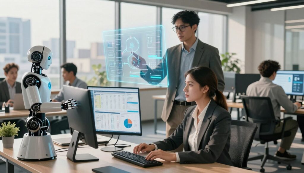 A modern office environment showcasing a diverse team of professionals engaged in agent-assisted automation. In the foreground, a female business analyst in professional attire is collaborating with a robotic assistant as they analyze data on a sleek computer. In the middle ground, a male team member in a blazer is interacting with a digital interface projected in mid-air, displaying graphs and workflows. The background features large windows with natural light flooding in, casting soft shadows, and a city skyline visible outside, symbolizing growth and connectivity. The atmosphere conveys focus and innovation, emphasizing teamwork and productivity, with warm tones balancing a high-tech ambience. Use a slightly elevated camera angle to capture the dynamic interactions and blend of human and technological elements.