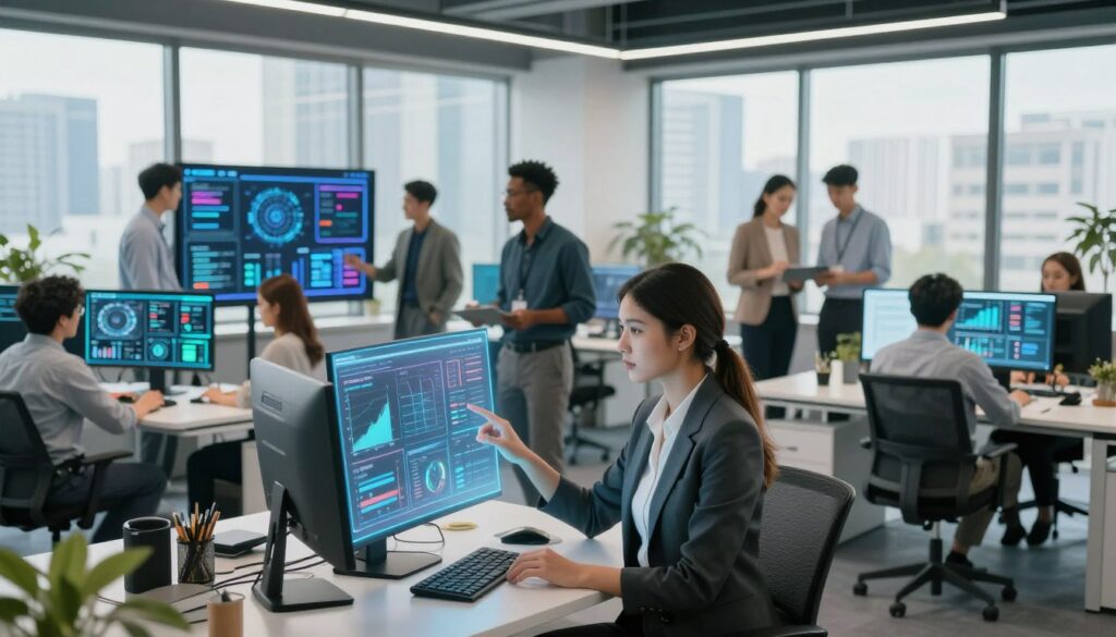 A modern office environment showcasing agent assist technology in action, with a diverse team of professionals collaborating over digital interfaces. In the foreground, a focused businesswoman in professional attire interacts with a holographic display, analyzing data. The middle ground features a diverse group of colleagues discussing insights, surrounded by advanced AI tools and large screens showing real-time analytics. In the background, large windows reveal an urban skyline, bathed in soft natural light that creates a positive and energetic atmosphere. The scene conveys innovation and teamwork, emphasizing productivity and efficiency without losing the human touch. Use a wide-angle lens for a dynamic perspective, capturing the vibrancy and synergy among team members.
