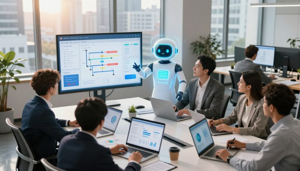 A modern office environment showcasing agent-assisted automation in action. In the foreground, a diverse team of professionals in business attire collaborates around a sleek conference table filled with digital devices and charts. The middle layer features a large screen displaying data analytics and visualizations of workflow efficiency, while a friendly AI assistant hologram interacts with the team. In the background, large windows reveal a bustling cityscape, with warm natural light flooding the room, creating a productive atmosphere. Capture the scene with a slight overhead angle to emphasize teamwork and engagement, using soft yet focused lighting to enhance the feeling of innovation and collaboration. The mood is upbeat and inspiring, reflecting the success stories in agent-assisted automation.