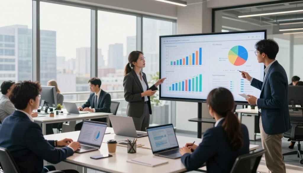 A modern office environment showcasing analytics ROI. In the foreground, a diverse group of professionals dressed in smart business attire is engaged in a discussion over a large digital screen displaying colorful graphs and charts related to call center performance metrics. In the middle ground, sleek desks with laptops and analytical tools create a sense of a bustling workspace. The background features floor-to-ceiling windows revealing a cityscape, bathed in soft sunlight that infuses the scene with a dynamic yet professional atmosphere. The composition captures both the seriousness and potential of analytics in improving business outcomes, with an emphasis on collaboration and innovation. The image should have clear, focused lighting highlighting the individuals and the digital data, creating a motivational and inspiring mood. A modern office environment showcasing analytics ROI. In the foreground, a diverse group of professionals dressed in smart business attire is engaged in a discussion over a large digital screen displaying colorful graphs and charts related to call center performance metrics. In the middle ground, sleek desks with laptops and analytical tools create a sense of a bustling workspace. The background features floor-to-ceiling windows revealing a cityscape, bathed in soft sunlight that infuses the scene with a dynamic yet professional atmosphere. The composition captures both the seriousness and potential of analytics in improving business outcomes, with an emphasis on collaboration and innovation. The image should have clear, focused lighting highlighting the individuals and the digital data, creating a motivational and inspiring mood.