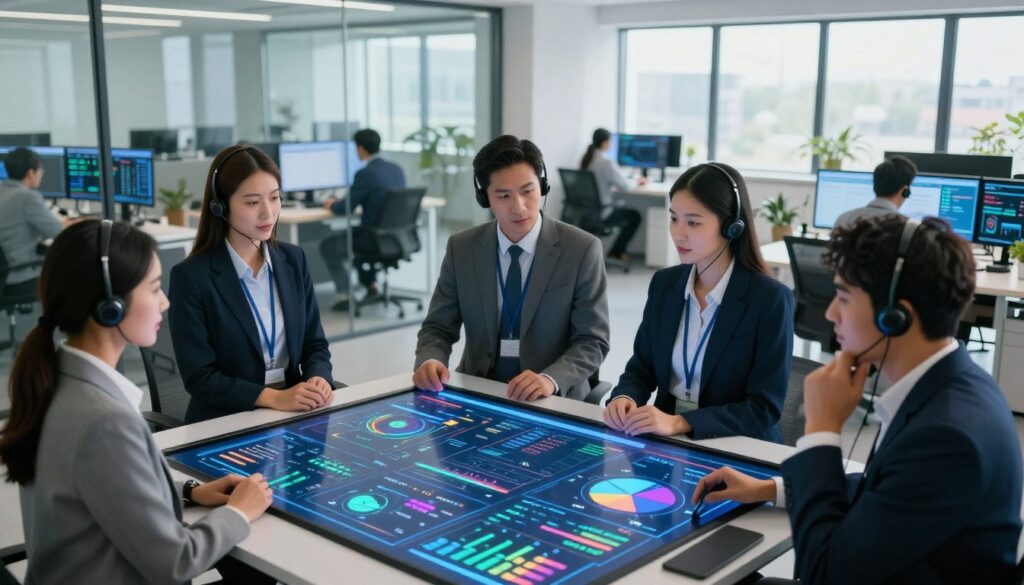 A modern office environment showcasing data analytics for call centers. In the foreground, a diverse team of professionals in smart business attire gathers around a sleek, futuristic touchscreen display. The display visualizes colorful, dynamic graphs, charts, and metrics related to call center performance. In the middle ground, a glass wall reveals a high-tech workspace filled with computers and additional screens displaying real-time analytics. The background features bright, natural light streaming through large windows, creating an open, inviting atmosphere. The overall mood conveys innovation and collaboration, emphasizing the importance of data-driven decision-making in enhancing customer satisfaction. Use soft, diffused lighting to highlight the faces of the professionals, focusing on expressions of concentration and engagement, captured from a slightly elevated angle.