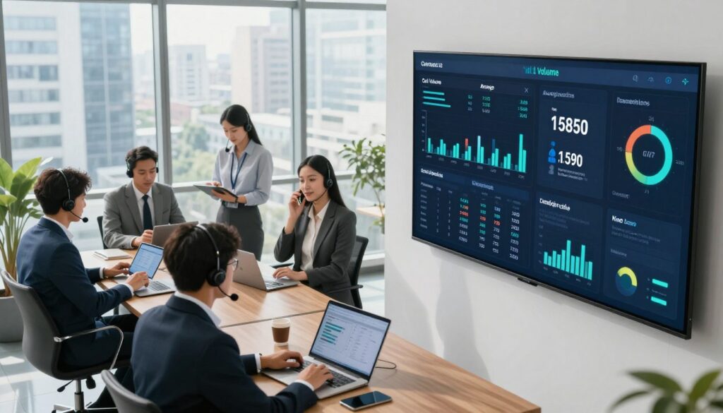 A modern office environment showcasing metrics for call centers. In the foreground, a large digital display board filled with colorful KPIs such as call volume, average handle time, and customer satisfaction ratings. In the middle ground, a diverse group of professionals in business attire is engaged in discussion, analyzing data on tablets and laptops. The background features panoramic windows with a view of a bustling city, symbolizing the fast-paced nature of the industry. Soft, natural light filters through, creating a bright and optimistic atmosphere. Use a slightly elevated angle to capture both the team’s engagement and the dynamic metrics on display. The overall mood is focused and professional, illustrating the importance of choosing the right KPIs for call center success.