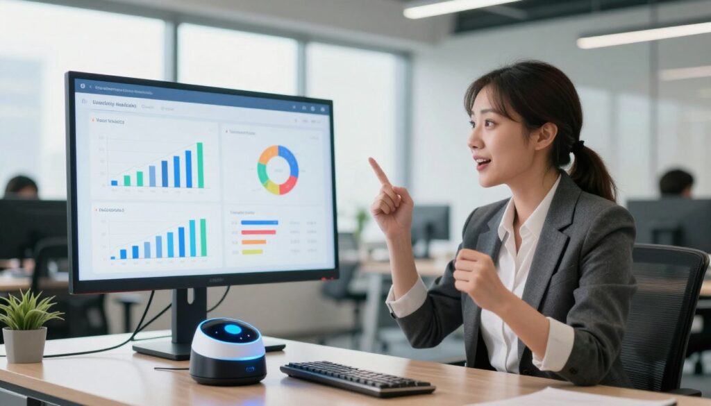 A modern office environment showcasing the benefits of voice automation in marketing. In the foreground, a professional woman in business attire passionately engages with a sleek, futuristic voice-activated device on her desk, showcasing enthusiasm. In the middle ground, a digital display illustrates analytics and metrics comparing voice automation's efficiency against traditional methods, with vibrant graphs and figures. The background features a bright office space with large windows letting in natural light, symbolizing transparency and innovation. The scene is captured with a soft focus lens to emphasize the central action, conveying a sense of progress and dynamism. The overall mood is optimistic and forward-thinking, resonating with the theme of transformation in customer outreach. A modern office environment showcasing the benefits of voice automation in marketing. In the foreground, a professional woman in business attire passionately engages with a sleek, futuristic voice-activated device on her desk, showcasing enthusiasm. In the middle ground, a digital display illustrates analytics and metrics comparing voice automation's efficiency against traditional methods, with vibrant graphs and figures. The background features a bright office space with large windows letting in natural light, symbolizing transparency and innovation. The scene is captured with a soft focus lens to emphasize the central action, conveying a sense of progress and dynamism. The overall mood is optimistic and forward-thinking, resonating with the theme of transformation in customer outreach.