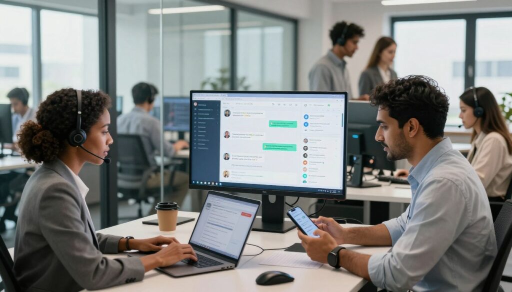 A modern office environment with a diverse team of professionals engaged in dynamic conversations over multiple channels; in the foreground, a Black woman in business attire is typing on a laptop, while a South Asian man reviews messages on a smartphone. In the middle, a large digital screen displays social messaging applications and data analytics, symbolizing the omnichannel experience. In the background, glass walls reflect people collaborating and using headsets, showcasing a bustling call center atmosphere. Bright, natural lighting pours in through large windows, creating a vibrant and energetic atmosphere. The composition captures the interconnectedness of technology and human interaction, illustrating the importance of omnichannel communication in 2026.