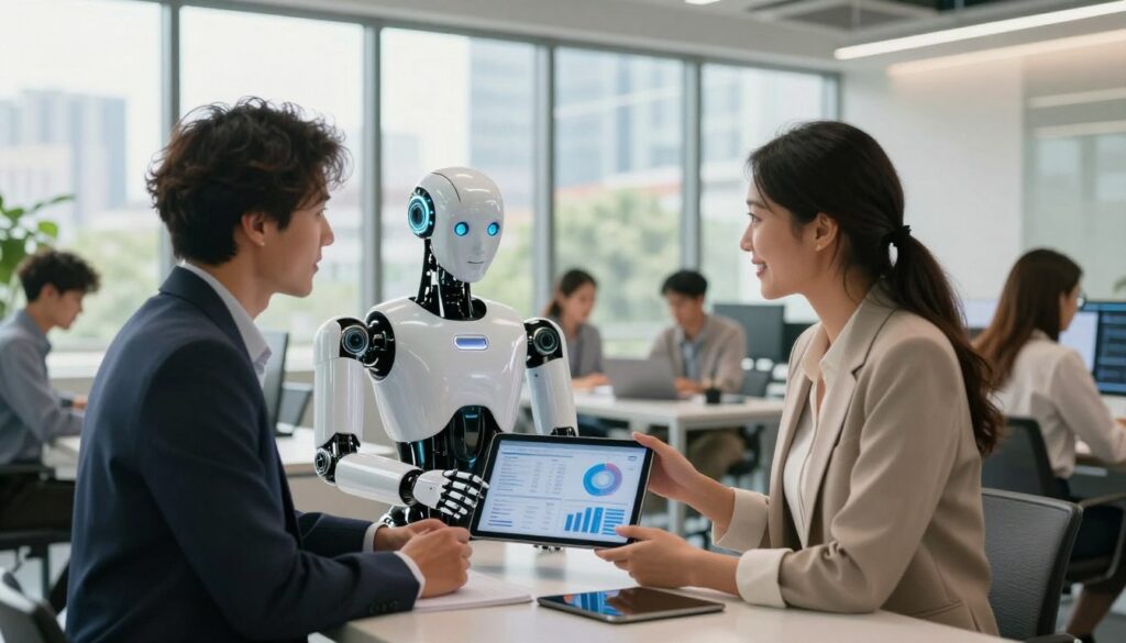 A modern office setting emphasizing collaboration, depicting a human and an AI partner in a synergistic workspace. In the foreground, a diverse professional woman in business attire interacts with a sleek, humanoid robot, both engaged in a discussion over a digital tablet displaying data analytics. The middle layer features a bright conference room with large windows showing cityscape views and greenery, creating an inviting atmosphere. Soft, natural lighting filters through the glass, enhancing the warmth of the scene. In the background, several coworkers work together in teamwork, symbolizing a unified approach to productivity. The mood is one of optimism and innovation, showcasing a positive, harmonious human-AI partnership that underscores boosted productivity while maintaining a personal touch.
