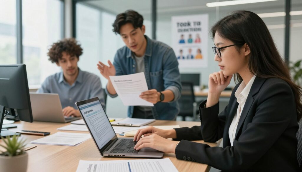 A modern office setting featuring a diverse group of three professionals collaborating on crafting job descriptions. In the foreground, a woman with glasses, in business attire, types thoughtfully on a laptop, surrounded by printouts of job descriptions and guidelines. In the middle ground, a man holding a document gestures animatedly, explaining key points to a colleague, who takes notes. The background includes glass partitions displaying a motivational poster about teamwork. Soft, natural lighting filters through large windows, creating a bright and inviting atmosphere. The scene conveys a sense of productivity and collaboration, emphasizing the importance of thoughtful job description development.
