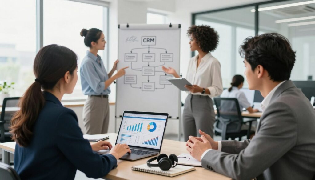 A modern office setting featuring a diverse team of professionals engaged in customer relationship management. In the foreground, a woman and a man in business attire discuss over a laptop displaying graphs and data analytics, showcasing the advantages of integrated CRM. In the middle ground, a whiteboard filled with flowcharts and CRM integration strategies can be seen, while a phone headset and notepad lie on a nearby desk. The background is bright and open, with large windows letting in natural daylight, creating an uplifting atmosphere. The image should evoke a sense of collaboration and innovation, highlighting the critical benefits of integrated CRM for customer service and operational efficiency. Use a wide angle lens to capture the teamwork in this vibrant workspace.