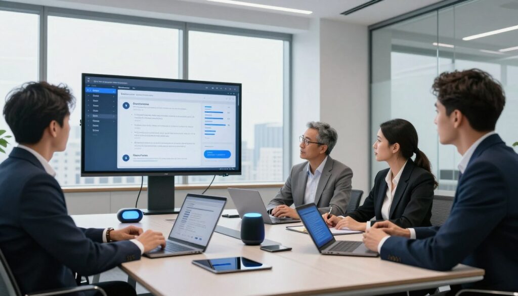 A modern office setting representing technology in sales, showcasing a sleek, high-tech conference room. In the foreground, a diverse group of three professionals in business attire—two men and one woman—are engaged in a strategy discussion around a large digital display showing sales call analytics and call script templates. In the middle, a stylish table filled with laptops, tablets, and futuristic gadgets like smart speakers and digital assistants. The background features large windows with a cityscape view, allowing natural light to flood the space. The atmosphere is dynamic and focused, emphasizing collaboration and innovation in sales strategy. Capture the scene with a slightly low angle to highlight the tech elements, using bright, neutral lighting to convey a professional mood.