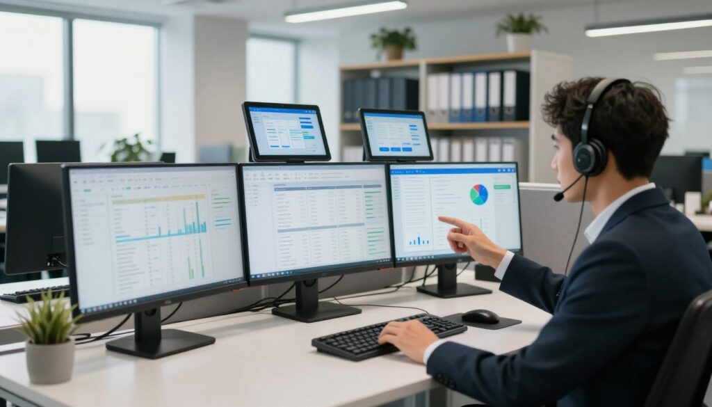 A modern office workspace featuring back-office data sources relevant to call centers. In the foreground, a sleek desk with multiple monitors displaying analytics dashboards and CRM data visualizations. A professional individual in business attire, analyzing the data, gestures towards the screens. In the middle ground, shelves filled with organized data files and digital tablets showcasing data integration tools. The background presents a bright, open office with large windows casting soft, natural light across the room. Use a wide-angle lens to capture the depth of the space, with a focus on the interaction between the data and the individual. The atmosphere is professional and focused, emphasizing the importance of data analysis in optimizing call center operations.