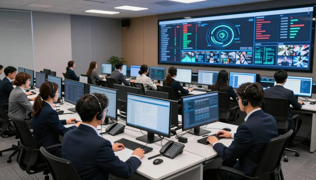 A modern on-premise call center control room filled with sophisticated technology and security features. In the foreground, a diverse team of professionals in business attire monitors multiple screens displaying real-time data, analytics, and security feeds. The middle ground features sleek rows of workstations equipped with high-tech headsets, telephones, and ergonomic chairs, illustrating an efficient workspace. The background showcases a large digital wall displaying key performance indicators and security information in vibrant colors. Soft, focused lighting highlights the technology, creating a professional atmosphere that emphasizes efficiency and security. The scene captures the essence of an advanced control environment, conveying the advantages of on-premise solutions through its organized and secure setup.