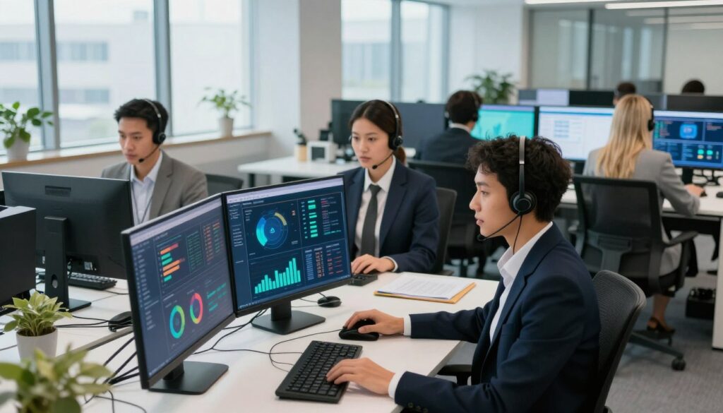 A modern, sleek call center environment showcasing professionals in business attire collaborating around high-tech workstations. In the foreground, a diverse group of three professionals, a woman of Asian descent, a man with Black hair, and a woman with blonde hair, engage with large interactive screens displaying CRM integration interfaces filled with colorful data visualizations and charts. The middle ground features ergonomic desks cluttered with headsets and laptops, emphasizing a tech-savvy atmosphere. In the background, a bright, spacious room with floor-to-ceiling windows allows natural light to pour in, enhancing the vibrant ambiance. The overall mood is focused and energetic, symbolizing teamwork and efficiency in CRM integration for call centers. Use a wide-angle lens to capture the full dynamic of the workspace, ensuring sharp focus on the professionals and their technology.