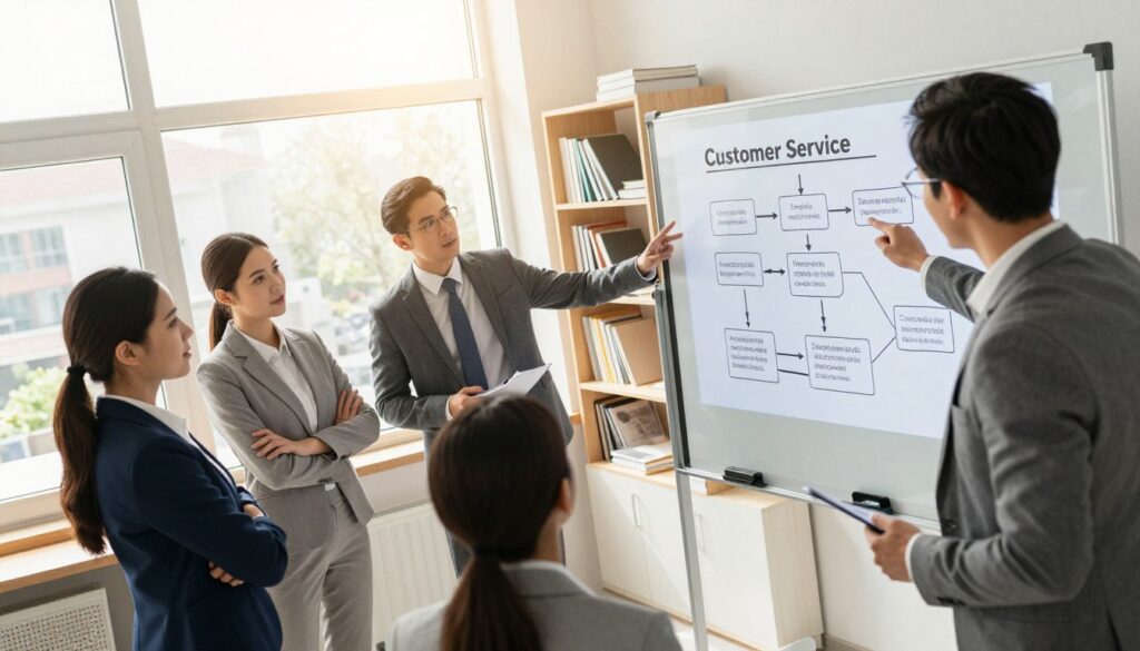 A modern training room filled with professional agents engaged in a training session. In the foreground, a diverse group of three agents (two women and one man) dressed in business attire, attentively listening to a trainer pointing at a digital whiteboard displaying diagrams and flowcharts related to customer service techniques. In the middle ground, a large window lets sunlight pour in, illuminating the room and creating a warm, inviting atmosphere. The background features shelves filled with books and resources on customer service skills. The lighting is bright and uplifting, with a focus on creating a sense of collaboration and motivation. The angle is slightly tilted from above, capturing the energy of the training environment.