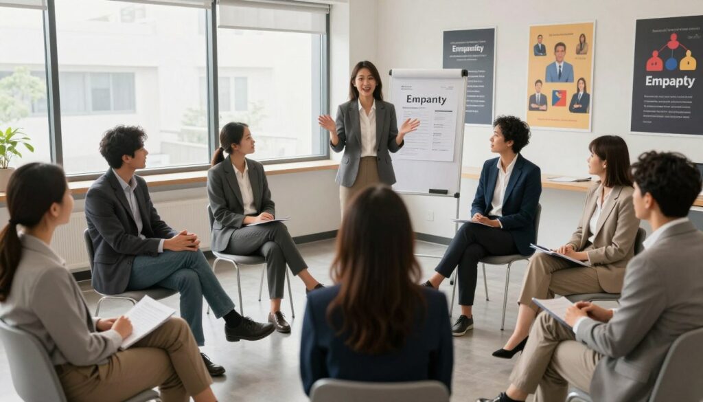 A modern training room filled with support team professionals engaged in empathy training exercises. In the foreground, a diverse group of individuals in professional business attire participate in a role-playing activity, demonstrating active listening and compassionate interaction. In the middle ground, a trainer guides the session with expressive gestures, surrounded by flip charts and training materials emphasizing empathy. Soft, natural lighting filters in through large windows, creating a warm and inviting atmosphere. In the background, motivational posters on the walls highlight themes of empathy and connection. The scene captures a collaborative and positive mood, emphasizing the importance of understanding and supporting customers effectively.