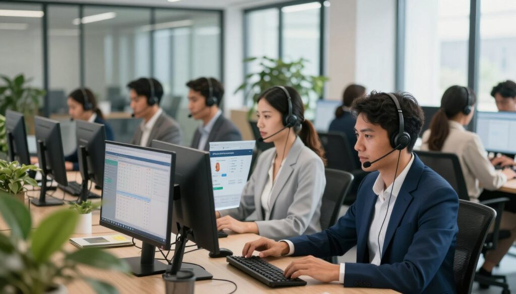 A modern, vibrant call center environment showcasing the benefits of outsourcing. In the foreground, diverse professionals in smart business attire are engaged in productive conversations with headsets on, exuding focus and teamwork. In the middle ground, several high-tech workstations with computer monitors display data analytics and customer interactions, emphasizing efficiency. The background reveals a bright, open office space with glass walls and plants, creating a welcoming atmosphere. Soft natural light streams through large windows, casting gentle shadows and enhancing the contemporary feel of the workspace. The mood is professional yet dynamic, highlighting collaboration and modern technology in the call center industry.