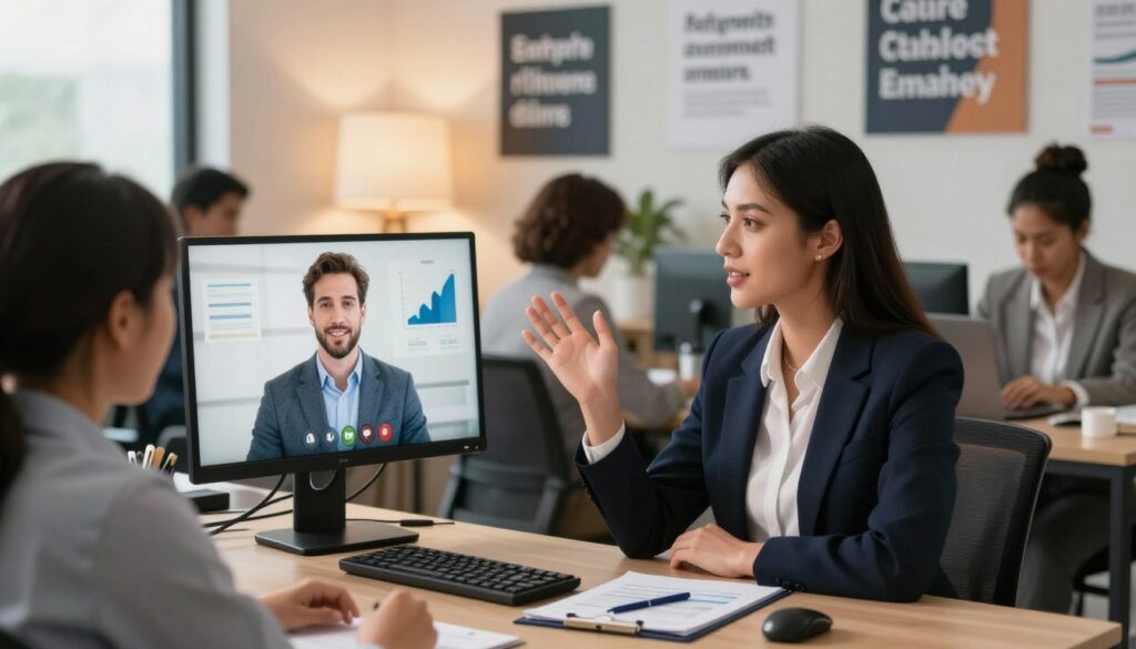 A professional business environment featuring a diverse group of individuals engaged in a sales call scenario. In the foreground, a confident sales representative, a woman in a smart blazer, is actively listening to a client on a video call, her expression attentive and engaged. In the middle ground, a computer screen displays visual cues of effective communication like graphs and charts, symbolizing tone and pace. The background features a well-lit office with modern decor, including motivational posters about effective communication. The lighting is warm and inviting, creating a positive atmosphere conducive to collaboration. The angle captures both the representative's focused demeanor and the client’s enthusiasm, illustrating the essence of mastering delivery in sales calls.