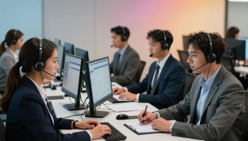 A professional call center environment showcasing essential skills for inbound and outbound agents. In the foreground, a diverse group of agents, dressed in smart business attire, engage with headsets, actively listening while taking notes. In the middle, a well-organized workspace with computer monitors displaying customer service dashboards. One agent is skillfully managing a call, while another is preparing for an outbound call, showcasing multitasking abilities. The background features a modern office layout with soft lighting, creating a focused and dynamic atmosphere. A subtle gradient of warm colors in the lighting adds a sense of productivity and professionalism. Capture the teamwork and communication skills essential for success in call centers, using a medium-focus lens to highlight both the agents and their environment.