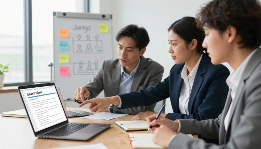 A professional-looking office environment featuring a neatly organized desk with a laptop open to a sales script template. In the foreground, a diverse group of three business professionals, dressed in smart business attire, engage in a collaborative discussion. One is pointing at the screen, while the others take notes and provide input. In the middle ground, a whiteboard with colorful post-its showcases various sales strategies and customer personas. The background reveals a bright office with large windows, natural light flooding the space, casting soft shadows. The mood is focused and dynamic, reflecting teamwork and creativity, with an emphasis on customization and strategic planning in the sales process. The composition is shot from a slightly elevated angle to capture the energy of the meeting, ideally showcasing interaction and engagement among the team.