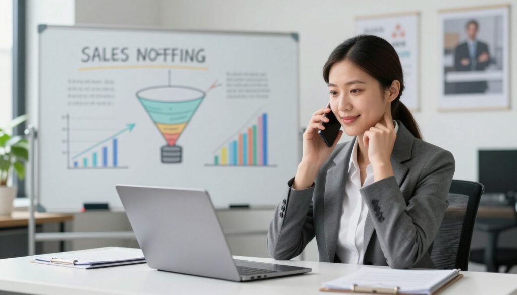 A professional sales representative sitting at a sleek, modern desk with a laptop open, engaged in a phone call. The foreground features the representative, wearing a tailored business suit, exuding confidence and friendliness. In the middle, a whiteboard displays illustrations of a sales funnel and customer satisfaction metrics, emphasizing the dual goals of revenue generation and rapport building. The background shows a well-lit, contemporary office space with motivational posters and plants, creating an inviting atmosphere. Soft, natural lighting illuminates the scene, with a slight lens blur on the background to keep the focus on the representative. The overall mood is one of professionalism, openness, and success, capturing the essence of effective communication in sales.