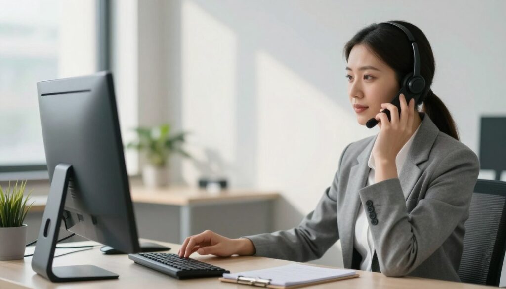 A serene office setting with a professional, confident customer service representative sitting at a neatly organized desk, engaging in a phone call with a caring expression. The foreground features the representative dressed in business attire, emphasizing the tone of calmness and professionalism. The middle ground includes a blurred computer screen and a notepad, subtly hinting at the conversation. In the background, soft natural light streams through a window, creating an inviting atmosphere with light shadows playing on the walls. The overall mood is tranquil and supportive, highlighting effective de-escalation techniques through body language and tone without visual cues. The image should be captured from a slight side angle, enhancing the sense of depth and connection in the scene.