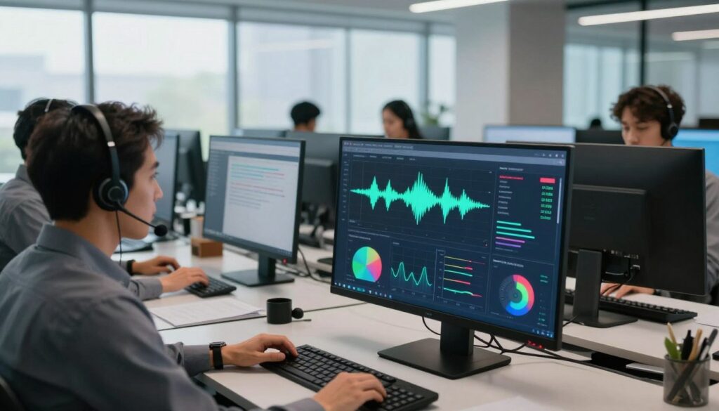 A sleek, modern interface of speech analytics software displayed on a high-resolution computer screen in a contemporary call center environment. In the foreground, a user in professional business attire is engaging with the software, analyzing real-time voice data represented by colorful waveforms and charts. The middle ground features rows of headset-wearing agents at their desks, focused on their calls, surrounded by state-of-the-art technology. In the background, large windows allow natural light to flood the space, creating a bright and productive atmosphere. The lighting is soft and ambient, exuding a sense of professionalism and efficiency. The angle is slightly elevated to showcase both the software interface and the dynamic call center environment, highlighting the seamless integration of technology in enhancing communication. A sleek, modern interface of speech analytics software displayed on a high-resolution computer screen in a contemporary call center environment. In the foreground, a user in professional business attire is engaging with the software, analyzing real-time voice data represented by colorful waveforms and charts. The middle ground features rows of headset-wearing agents at their desks, focused on their calls, surrounded by state-of-the-art technology. In the background, large windows allow natural light to flood the space, creating a bright and productive atmosphere. The lighting is soft and ambient, exuding a sense of professionalism and efficiency. The angle is slightly elevated to showcase both the software interface and the dynamic call center environment, highlighting the seamless integration of technology in enhancing communication.