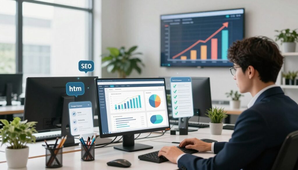 A sleek, modern office space depicting a digital workspace dedicated to on-page SEO optimization. In the foreground, a professional individual, dressed in business attire, is focused on a computer screen displaying analytical graphs and webpage layouts, symbolizing on-page elements like title tags and meta descriptions. The middle ground includes floating icons of keywords, HTML tags, and checklists representing SEO tasks. In the background, a wall displays a large digital monitor showcasing an increasing graph of website rankings, surrounded by potted plants. Bright, natural light filters through the large windows, creating an inspiring atmosphere. The overall mood is dynamic and focused, accentuating the importance of technical optimization for enhancing online visibility.