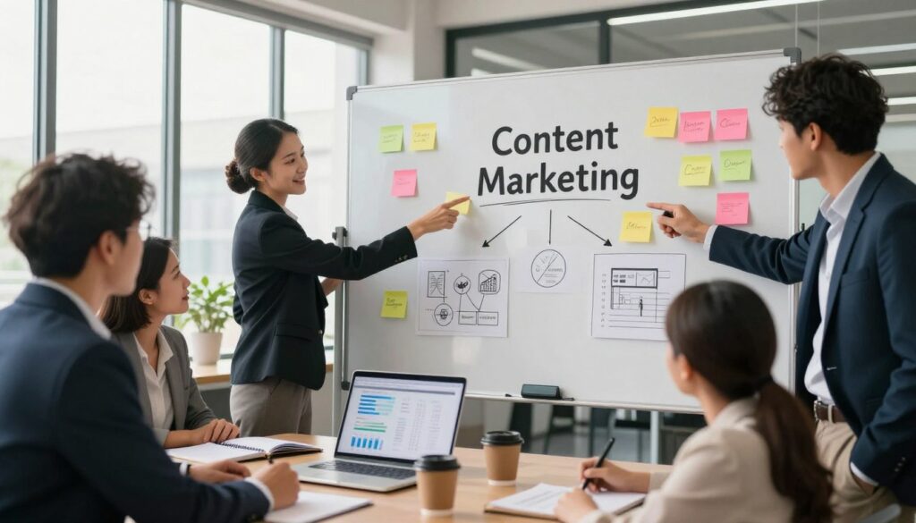 A sleek office environment with a large whiteboard at the center, covered in colorful sticky notes and diagrams representing content marketing goals. In the foreground, a diverse group of professionals in business attire collaborate, pointing at the board and discussing strategies enthusiastically. The middle layer shows a sleek laptop displaying analytics, next to coffee cups and notebooks filled with ideas. In the background, large windows allow natural light to pour in, illuminating the space with a warm, optimistic glow. The atmosphere is dynamic and focused, embodying teamwork and creativity, highlighting the connection between setting clear goals and achieving leads and sales in content marketing.