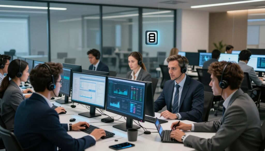 A sophisticated office environment showcasing advanced call center technology, emphasizing security and privacy. In the foreground, a diverse group of professionals in business attire are engaged in an animated discussion around a high-tech conference table, their expressions focused and determined. The middle ground features sleek computer monitors displaying graphs and security protocols, with subtle holographic interfaces radiating a soft blue light. In the background, glass walls reveal additional team members working diligently, all within a modern, secure workspace adorned with digital locks and surveillance cameras. The lighting is bright yet calming, with a blend of cool and warm tones creating a professional atmosphere. The overall mood is one of vigilance and innovation, reflecting the importance of security in an AI-driven future.