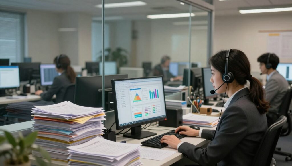 A split scene showcasing a call center environment representing the concept of "call review gap." In the foreground, a professional call center agent in business attire, sitting in front of a computer with an analytical dashboard on-screen, displaying colorful graphs and statistics. The middle layer features a large glass wall separating the agent from a room filled with stacks of unreviewed call files and documents, symbolizing the missed opportunities. In the background, dimly lit desks with other agents working, a nostalgic atmosphere illuminated by soft overhead lights. The focus is on the contrast between the engaged agent and the unused materials, conveying a sense of urgency and the importance of speech analytics. The angle is slightly tilted to emphasize the divide, enhancing the mood of potential unclaimed insights. A split scene showcasing a call center environment representing the concept of "call review gap." In the foreground, a professional call center agent in business attire, sitting in front of a computer with an analytical dashboard on-screen, displaying colorful graphs and statistics. The middle layer features a large glass wall separating the agent from a room filled with stacks of unreviewed call files and documents, symbolizing the missed opportunities. In the background, dimly lit desks with other agents working, a nostalgic atmosphere illuminated by soft overhead lights. The focus is on the contrast between the engaged agent and the unused materials, conveying a sense of urgency and the importance of speech analytics. The angle is slightly tilted to emphasize the divide, enhancing the mood of potential unclaimed insights.