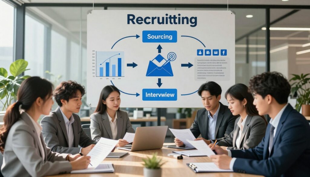 A strategic recruiting framework depicted as a visually engaging infographic. In the foreground, a diverse group of professional individuals, dressed in business attire, is collaboratively discussing and reviewing documents. In the middle, a large, multi-layered diagram representing elements of the recruiting framework with arrows, charts, and icons illustrating key processes such as sourcing, interviewing, and onboarding. The background features a modern office setting with glass walls and plants, suggesting a dynamic and innovative atmosphere. Soft, natural lighting streams in through the windows, casting a warm glow on the scene. The mood is focused and professional, reflecting teamwork and strategic planning in a call center recruitment context.