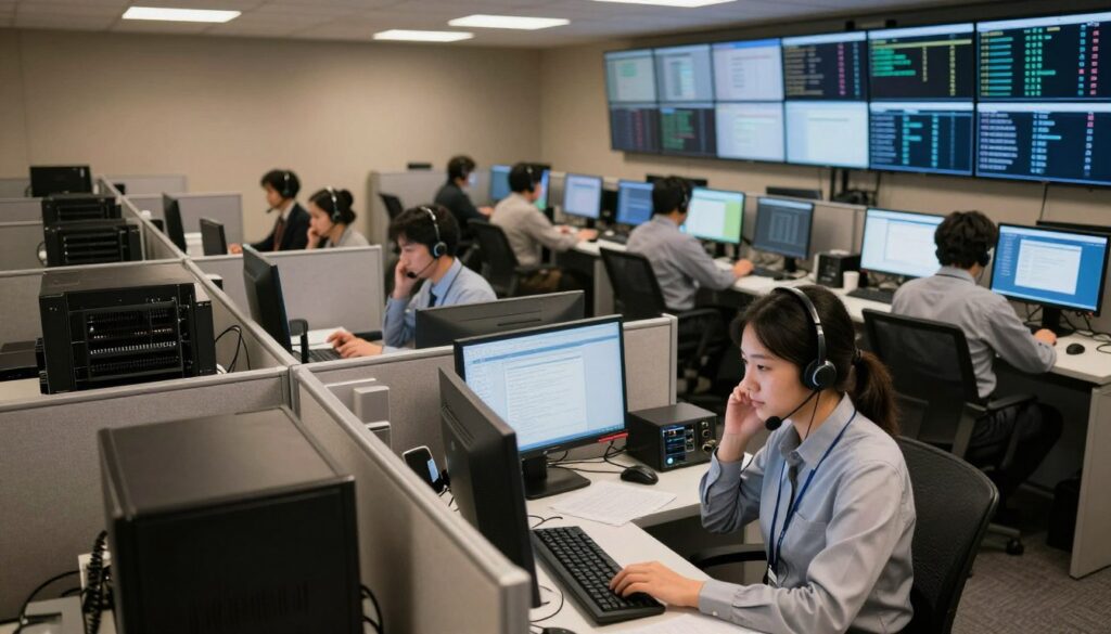A traditional on-premise call center infrastructure featuring rows of cubicles with desktop computers, each equipped with headsets. The foreground includes a busy operator in professional attire, focused on their screen, while in the middle ground, several other operators engage in calls, surrounded by equipment like servers and telephony hardware. The background displays a large wall of monitors showcasing call statistics, all illuminated by soft, overhead lighting that gives a warm, productive atmosphere. The scene captures the essence of a classic call center, emphasizing collaboration and technology in a corporate environment, viewed from a slightly elevated angle to showcase the depth and organization of the setup.
