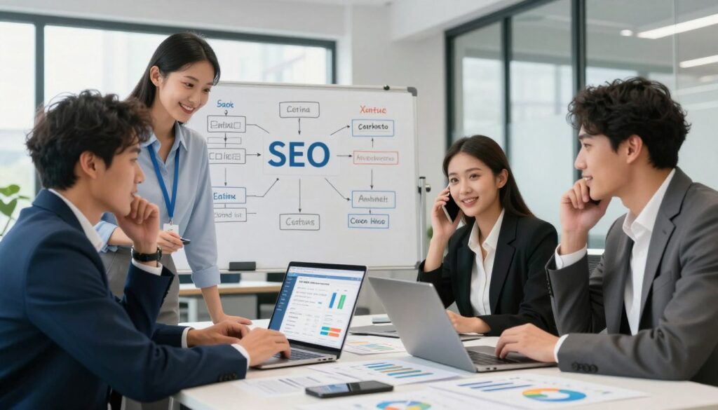 A vibrant and engaging office environment representing SEO strategy for call centers. In the foreground, a diverse group of three professionals in smart business attire collaborate around a large table covered with charts, graphs, and digital devices displaying analytics and search engine rankings. In the middle, a whiteboard filled with SEO strategies, keywords, and flowcharts. In the background, a modern office with large windows letting in soft, natural light, creating an uplifting atmosphere. The angle is slightly low, emphasizing the professionals' focused expressions and the dynamic work environment. The color palette is bright and welcoming, conveying an atmosphere of productivity and teamwork.