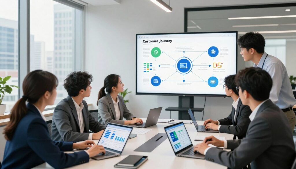 A vibrant, modern office environment showcasing marketing automation tools in action. In the foreground, a diverse group of professionals, dressed in smart business attire, collaborate around a sleek conference table, analyzing interactive data on digital tablets and laptops. The middle ground features large screens displaying charts, graphs, and flow diagrams related to customer journeys, with icons representing various sales tools and automation processes. The background reveals a bright, well-lit office space with large windows offering a view of a bustling cityscape. Soft, natural light floods the scene, creating a dynamic yet professional atmosphere, emphasizing teamwork, innovation, and the efficiency of marketing automation in enhancing customer experiences.