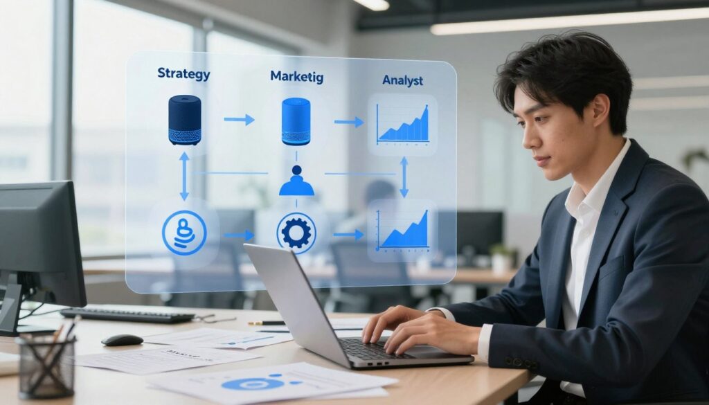 A visually detailed step-by-step guide illustrating how to build an effective voice AI marketing campaign. In the foreground, a business professional in smart attire is using a laptop, surrounded by notes and digital devices showcasing voice technology. In the middle ground, a transparent flowchart depicting stages of a marketing campaign, including strategy, implementation, and analysis, stands out, filled with icons representing voice AI elements like smart speakers and analytics graphs. The background features a modern office setting with large windows letting in natural light, creating a bright and inspiring atmosphere. The mood is focused and innovative, conveying the advancement of technology in marketing. Use a slightly low angle to emphasize the subject and the important elements in the flowchart. A visually detailed step-by-step guide illustrating how to build an effective voice AI marketing campaign. In the foreground, a business professional in smart attire is using a laptop, surrounded by notes and digital devices showcasing voice technology. In the middle ground, a transparent flowchart depicting stages of a marketing campaign, including strategy, implementation, and analysis, stands out, filled with icons representing voice AI elements like smart speakers and analytics graphs. The background features a modern office setting with large windows letting in natural light, creating a bright and inspiring atmosphere. The mood is focused and innovative, conveying the advancement of technology in marketing. Use a slightly low angle to emphasize the subject and the important elements in the flowchart.