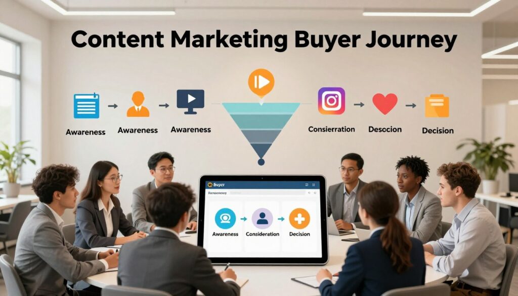 A visually engaging infographic depicting the "Content Marketing Buyer Journey." In the foreground, showcase diverse, professional individuals, dressed in business attire, engaged in discussions around a large digital tablet displaying various stages of the buyer journey, such as "Awareness," "Consideration," and "Decision." In the middle layer, illustrate icons representing content types like blogs, videos, and social media, flowing towards a funnel that captures potential clients. The background features a modern office environment with soft lighting, creating a collaborative atmosphere. Use a wide-angle perspective to enhance the depth, with a warm color palette to evoke trust and optimism, emphasizing the connection between content marketing and client acquisition throughout the journey.